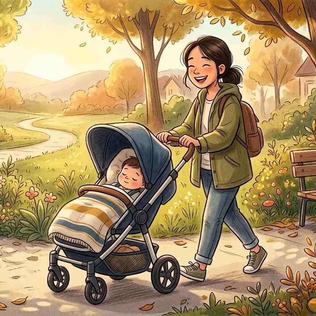 Uśmiechnięta mama pcha wózek ze śpiącym dzieckiem podczas spokojnego spaceru w parku. Przykład udanego wyjścia z domu.